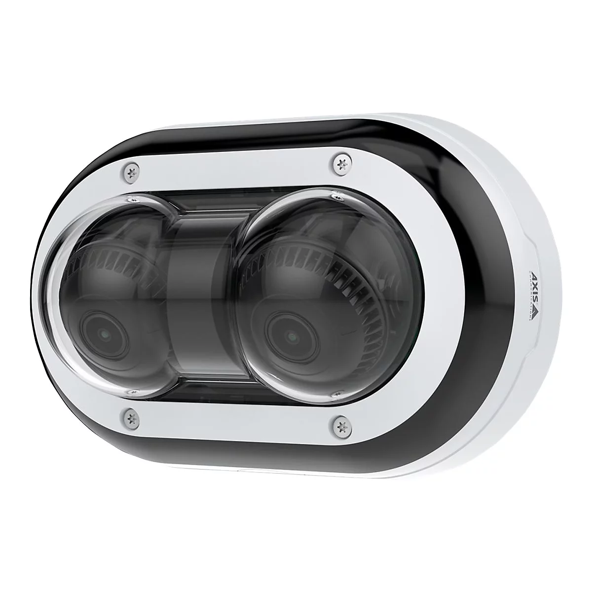 Double caméra dans un boîtier ovale, blanc et noir. Deux lentilles dans un dôme en verre, vis et logo de la marque.