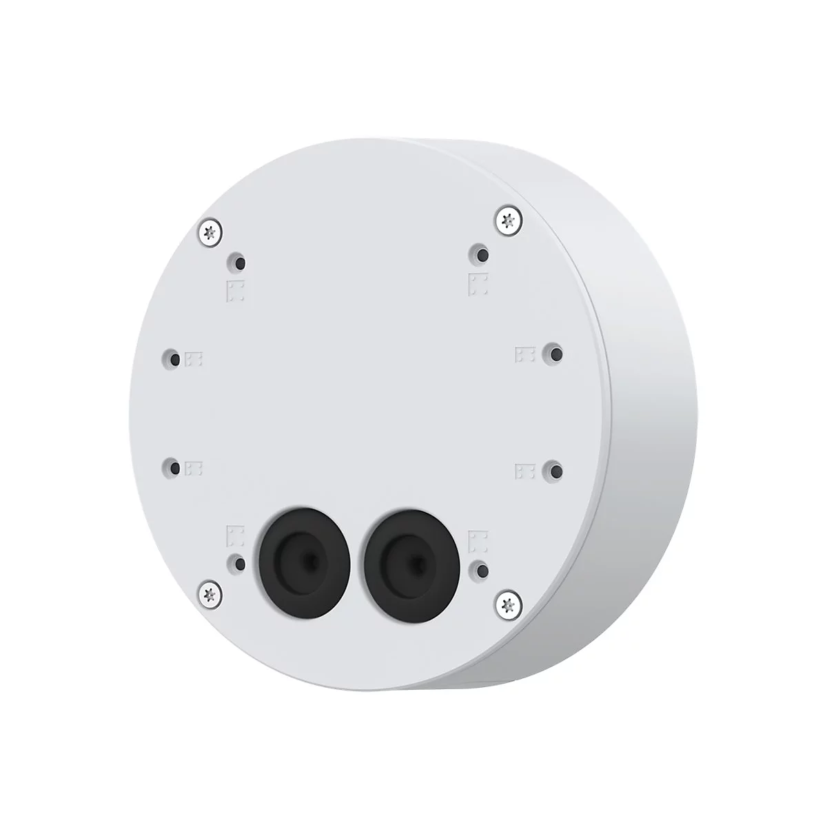 Gros plan d'une caméra ronde blanche avec deux ouvertures noires en bas. Des vis et des points de fixation sont visibles.