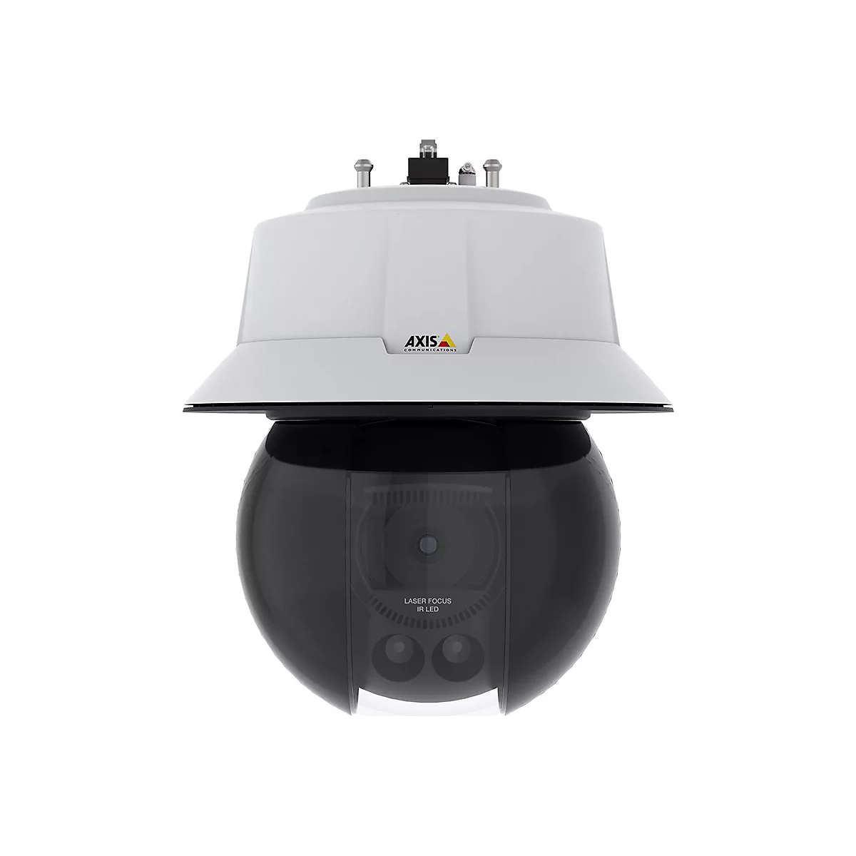 Caméra blanche et noire, tête sphérique, texte LED IR, logo AXIS.