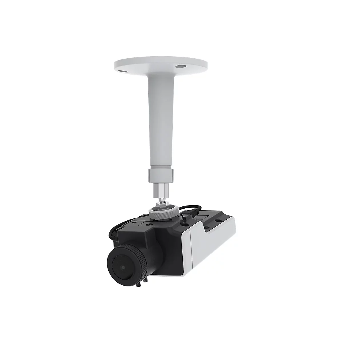 Caméra sur support de plafond. Objectif et boîtier noirs, support blanc, isolé.