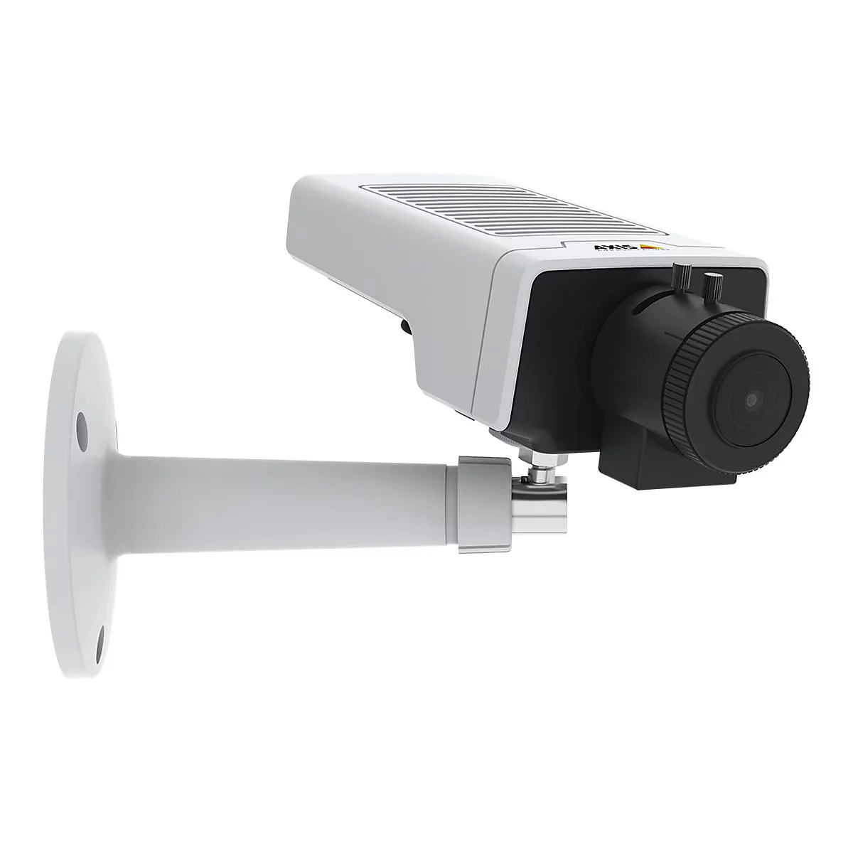 Caméra de surveillance blanche et noire sur fond blanc. La caméra est fixée à un support.