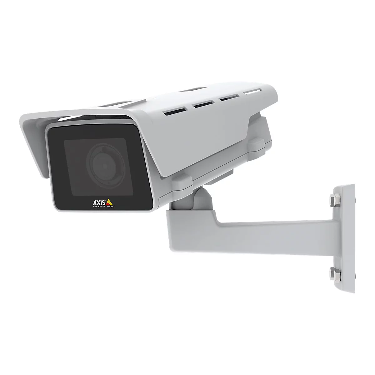 Caméra de surveillance grise sur support, logo "AXIS COMMUNICATIONS".