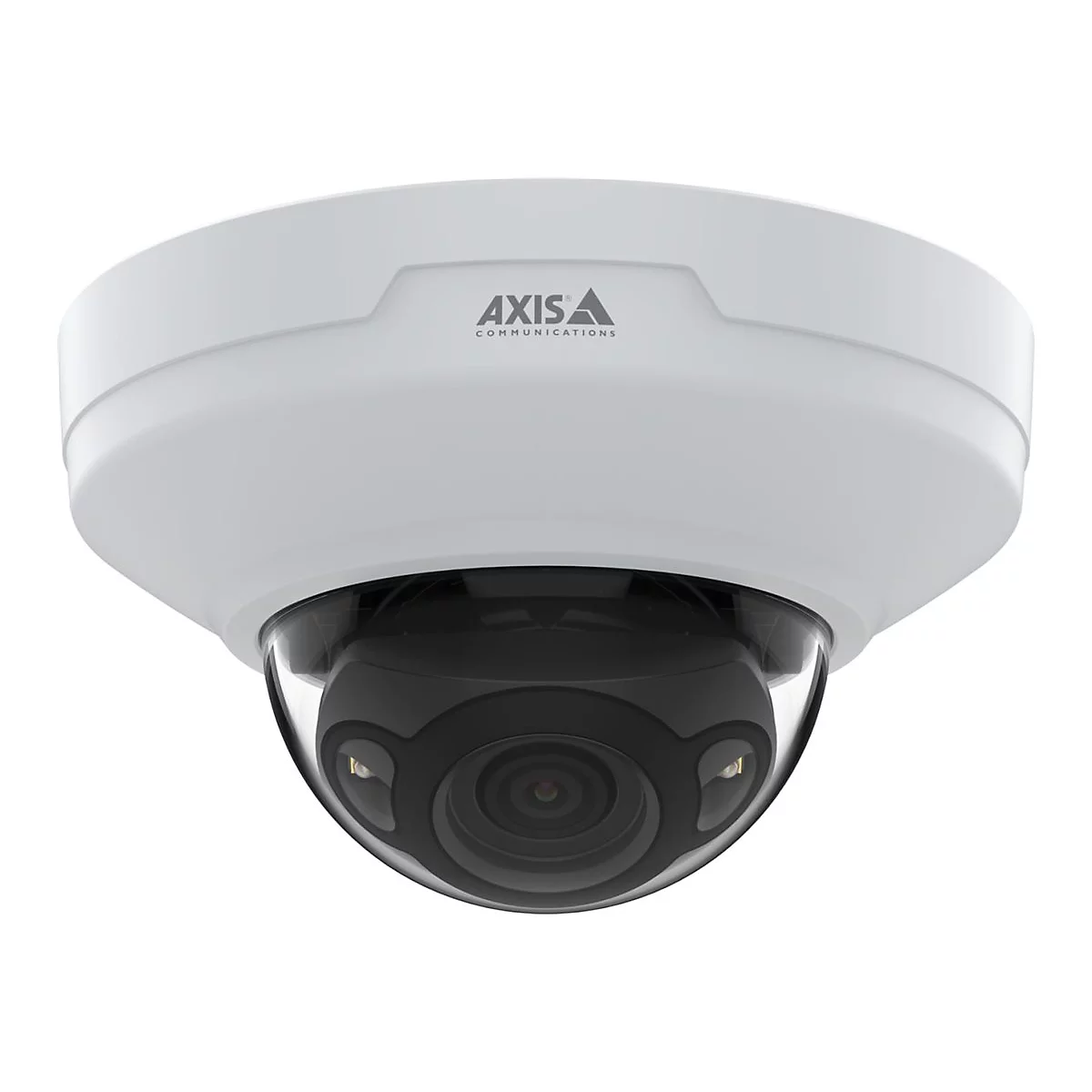 Caméra de sécurité blanche avec objectif noir et logo de l'entreprise.