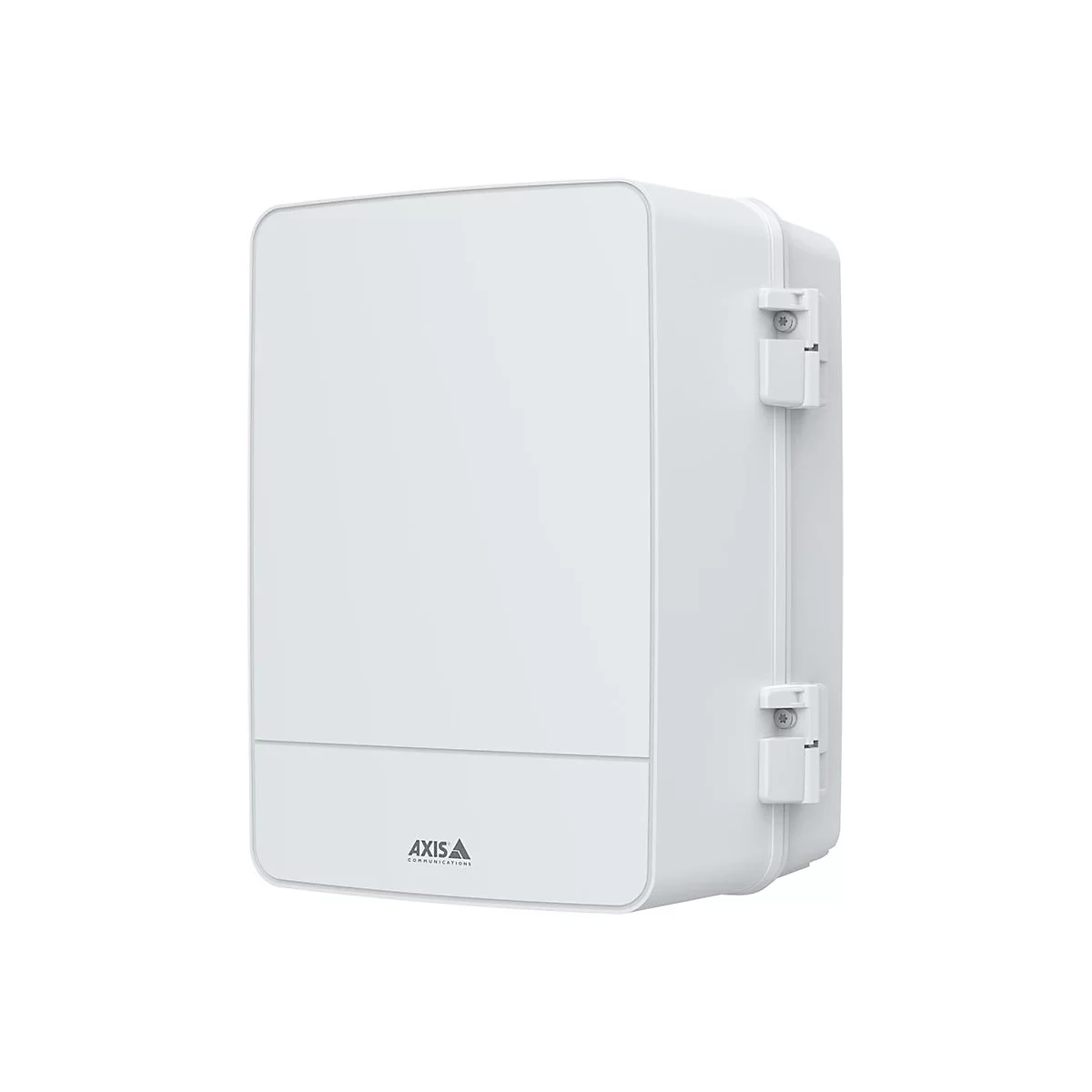 Weißes, rechteckiges Gerät mit abgerundeten Ecken und dem Logo "Axis Communications". An der Seite befinden sich zwei Verschlüsse.