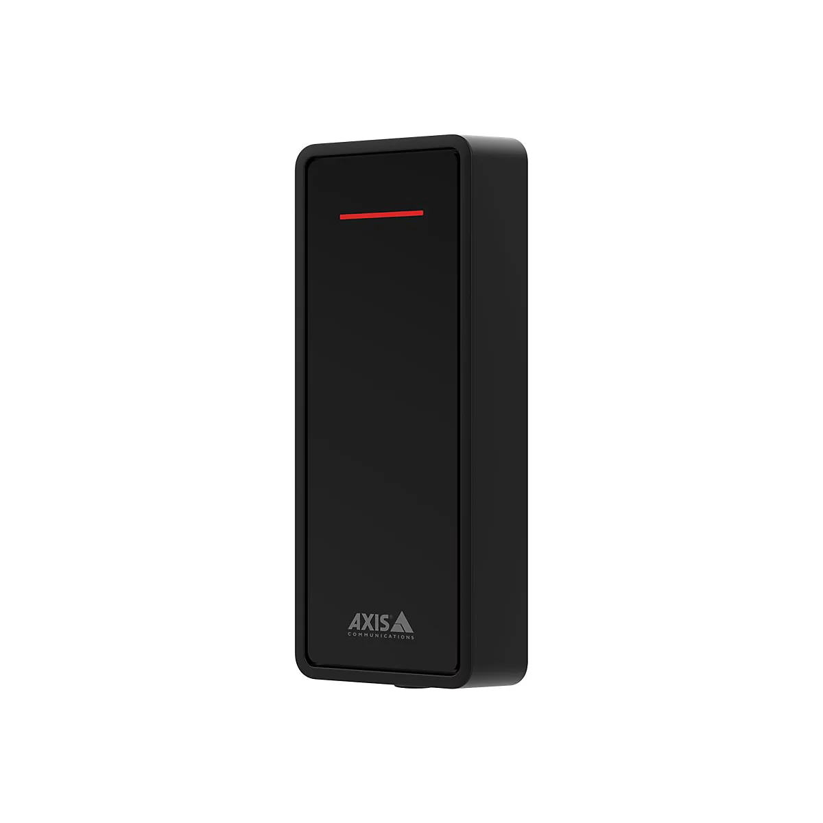 Schwarzes rechteckiges Gerät mit roter Linie oben. Logo von Axis Communications unten.
