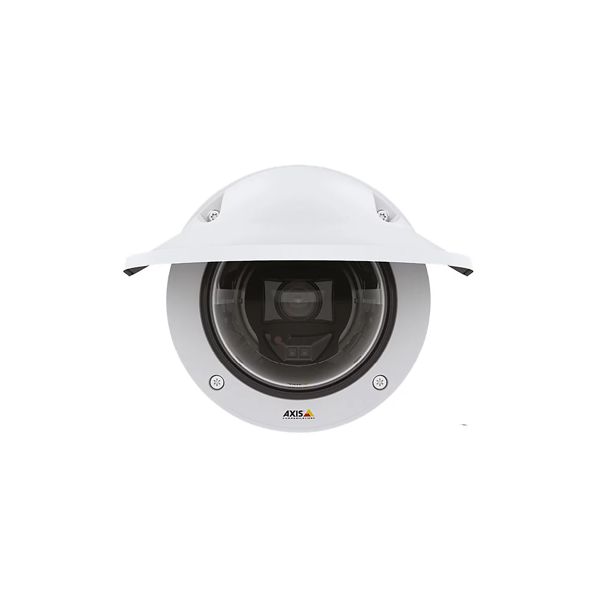 Weiße Überwachungskamera, halbrund mit Sonnenschutz, schwarzer Linsenbereich. Logo "AXIS COMMUNICATIONS".