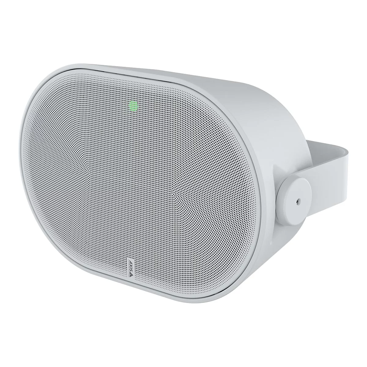 Weißer Lautsprecher mit ovalem Gitter, grünem Licht und Halterung.