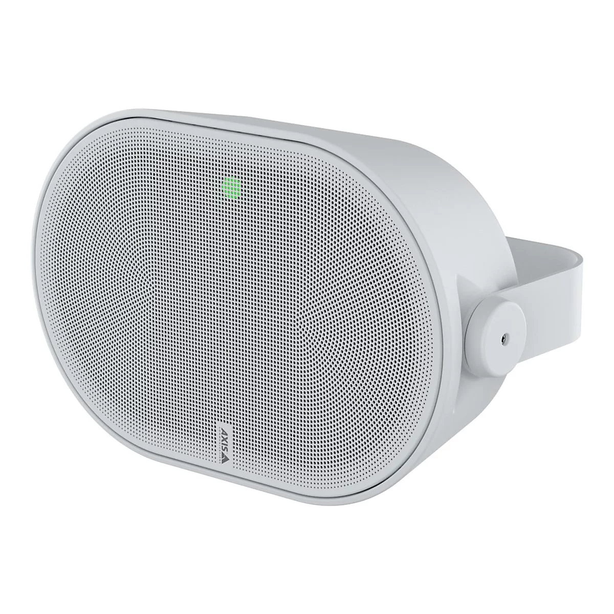 Haut-parleur blanc avec grille ovale, voyant vert et support de montage.