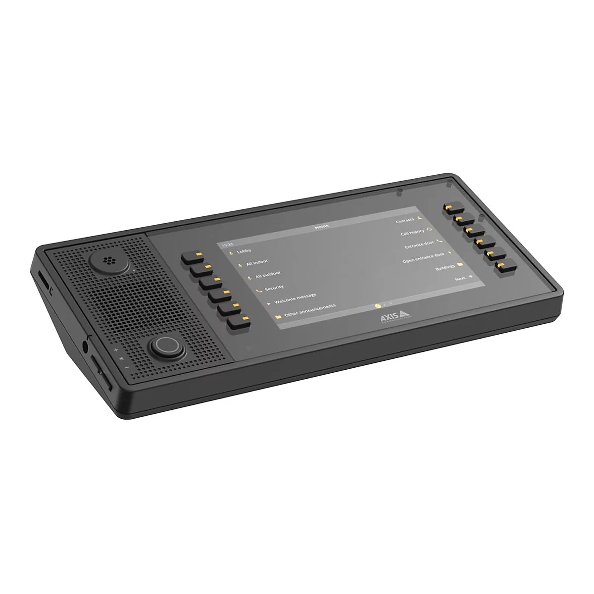 Schwarzes Touchscreen-Gerät mit Menüoptionen. Das Display zeigt Optionen wie "Lobby" und "Gebäude".