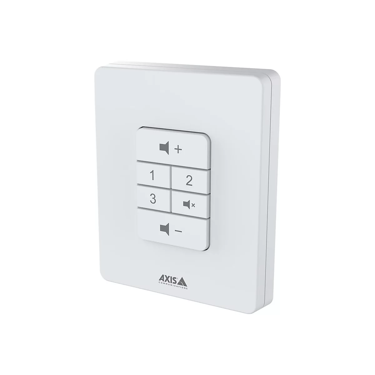 Panneau de commande rectangulaire blanc avec boutons pour le volume, les chiffres 1, 2, 3 et des symboles. Logo Axis Communications.
