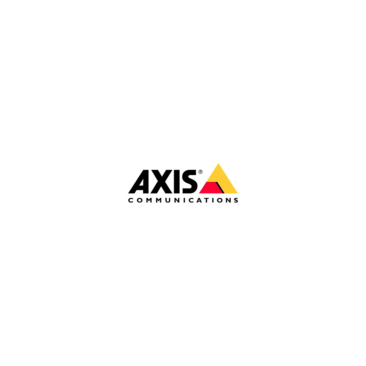 Das Firmenlogo von Axis Communications, bestehend aus schwarzem Schriftzug und einem gelb-roten Dreieck.