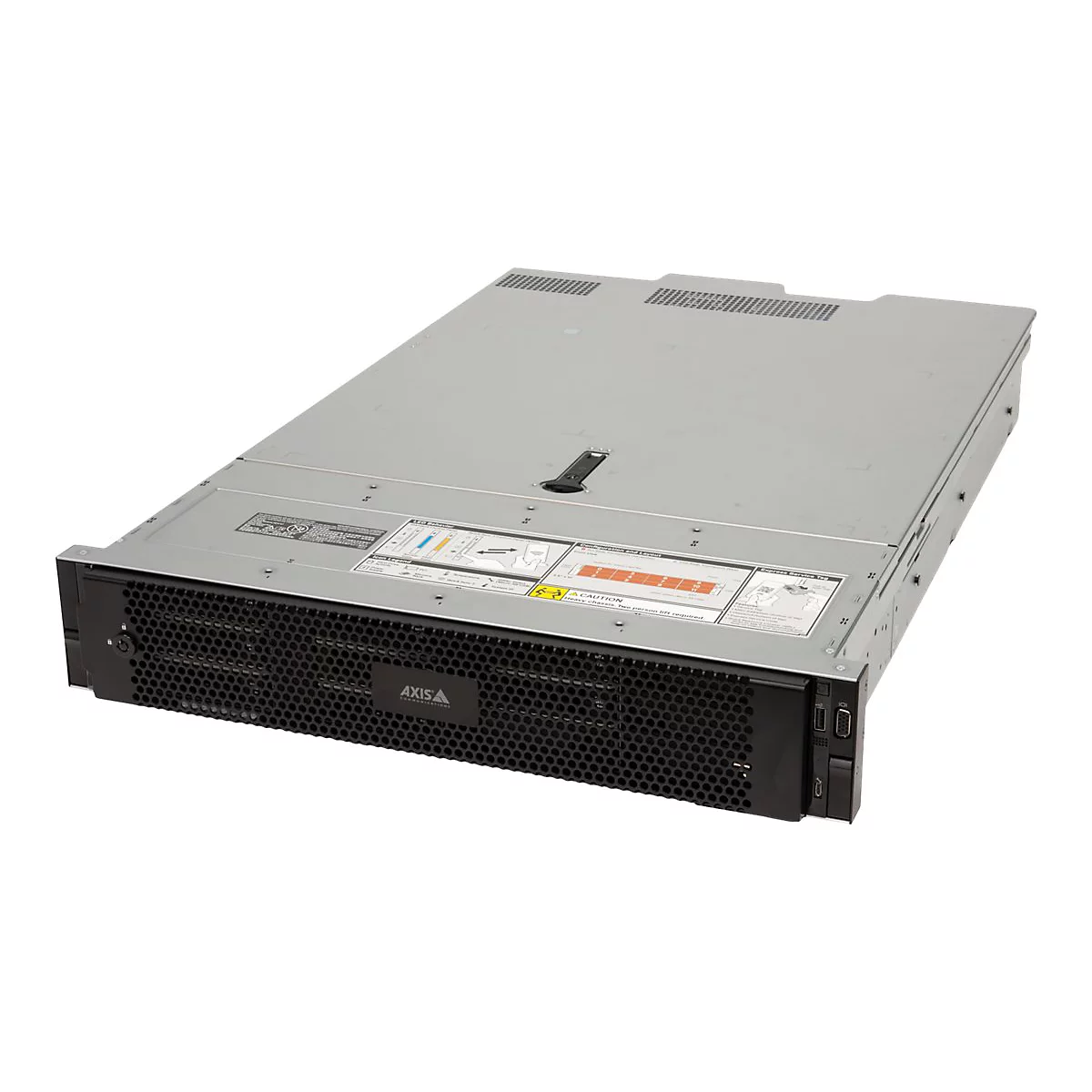 Ein Server-Rack mit schwarzer Front und Logo der Marke Axis, grauem Gehäuse. Aufkleber mit technischen Informationen.