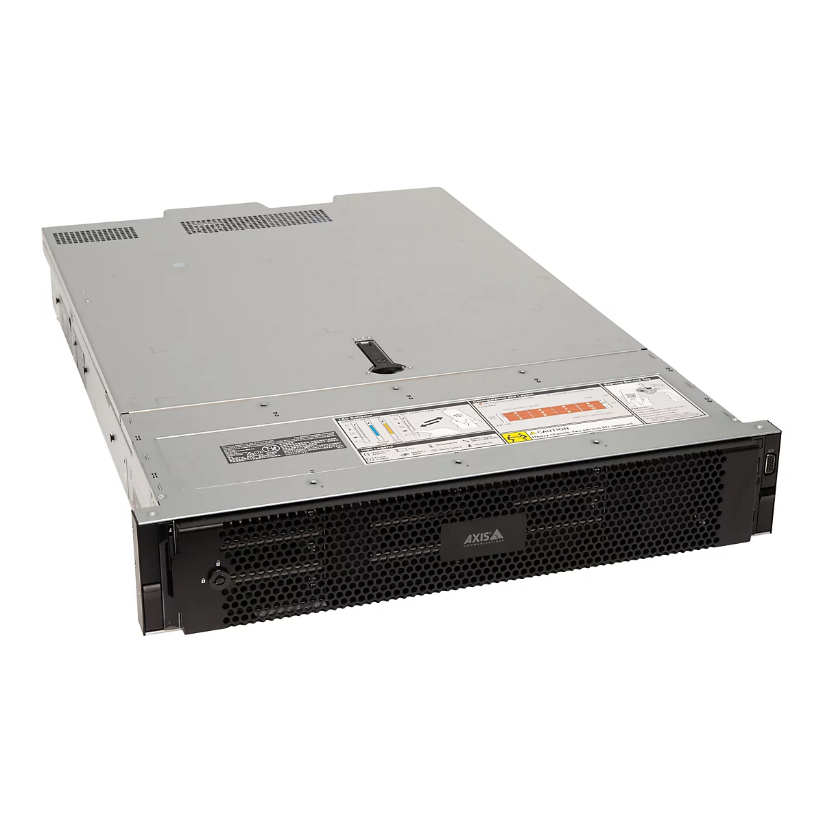 Ein grauer Server-Rack vor weißem Hintergrund. Vorne ist das AXIS-Logo zu sehen, sowie Hinweise und Warnungen.