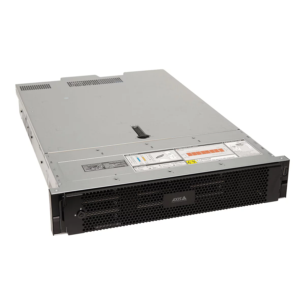 Ein Server-Rack in Grau und Schwarz steht vor weißem Hintergrund. Auf der Vorderseite befindet sich ein Lochmuster. Auf der Oberseite sind Belüftungsschlitze.
