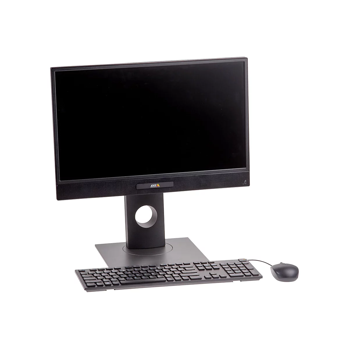 Ein schwarzer Monitor, Tastatur und Maus auf weißem Hintergrund. Der Monitor hat das Logo 'Axis Communications'.