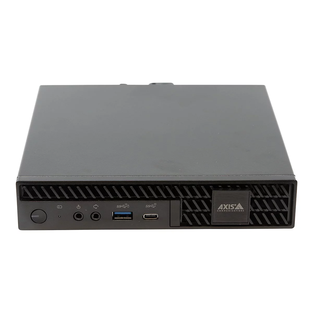 Schwarzer Mini-PC mit Anschlüssen, seitlicher Lüftung und AXIS-Logo.
