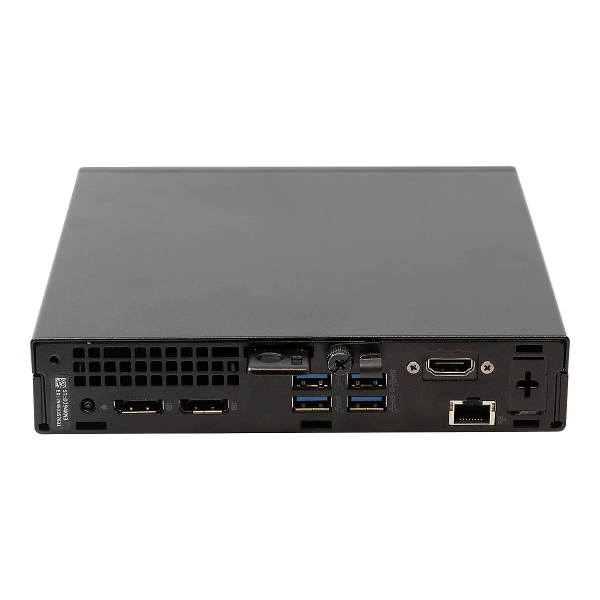Schwarzer Mini-PC mit Anschlüssen für HDMI, USB und Netzwerk.