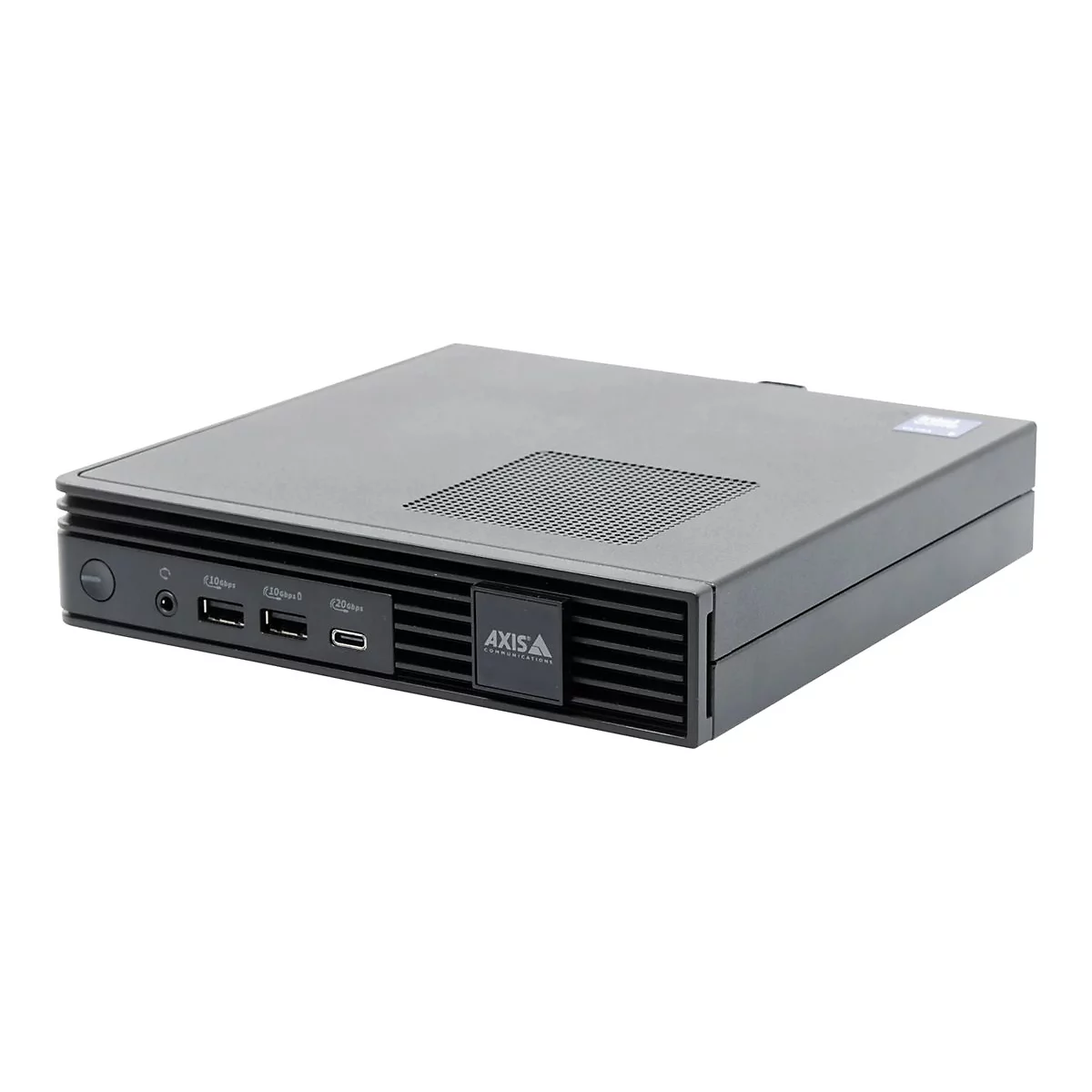 Schwarzer Computer, Frontansicht. Mit Logo, Anschlüssen und Lüftungsschlitzen.