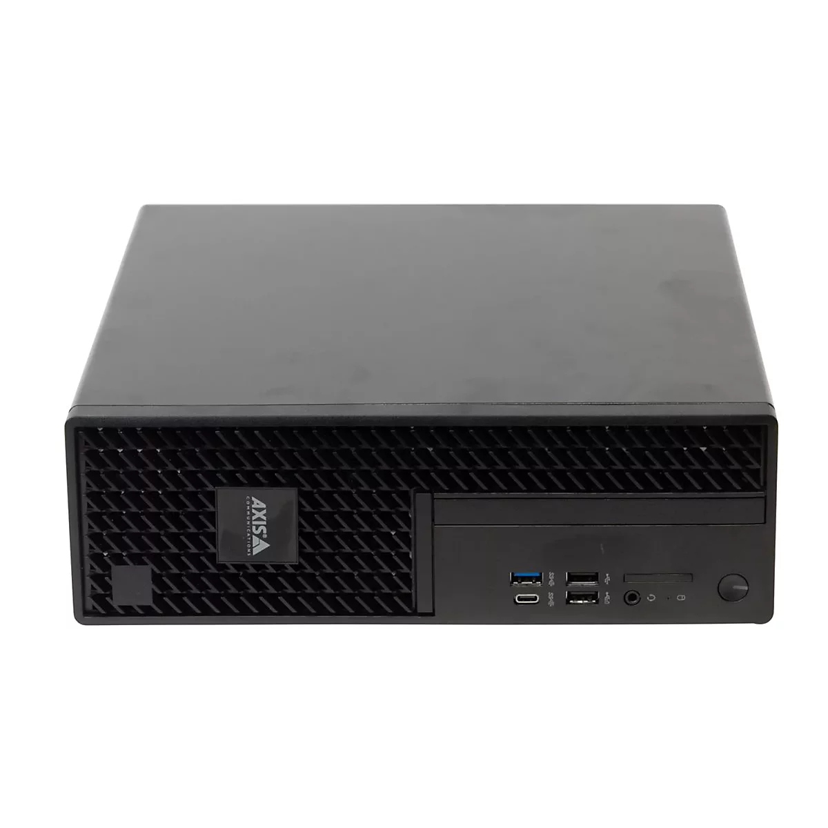 Schwarzer Computer auf weißem Hintergrund. Vorne: USB, Audioeingang, Power-Knopf. Hinten: Lüftungsschlitze.