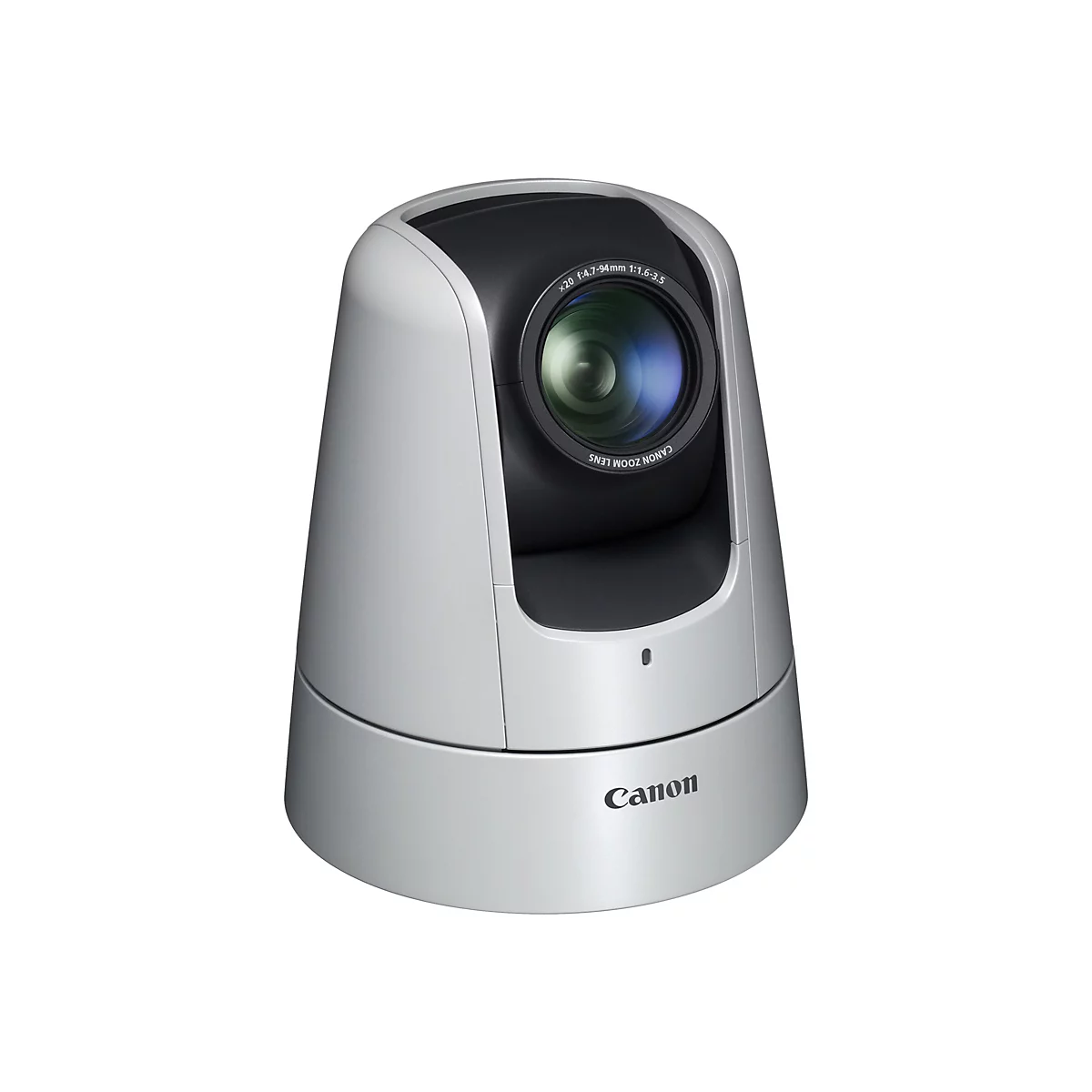 Eine silberne Canon-Kamera mit schwarzem Objektiv und Zoom-Funktion. Aufschrift: Canon Zoom Lens.