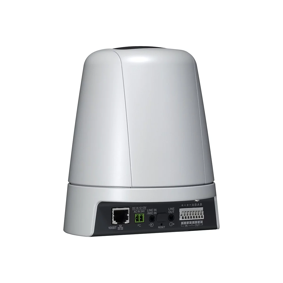 Ein graues elektronisches Gerät mit Anschlüssen, Beschriftungen und Knöpfen. Der Hintergrund ist weiß.