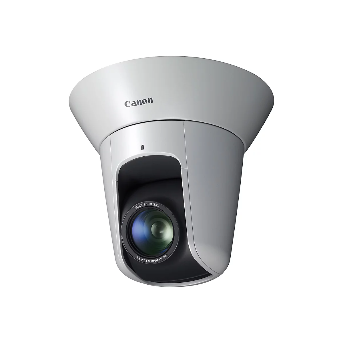 Eine weiße Canon Überwachungskamera. Auf dem Objektiv steht Canon Zoom Lens. Unten steht 20 f:4.7-94mm 1:1.6-3.5.
