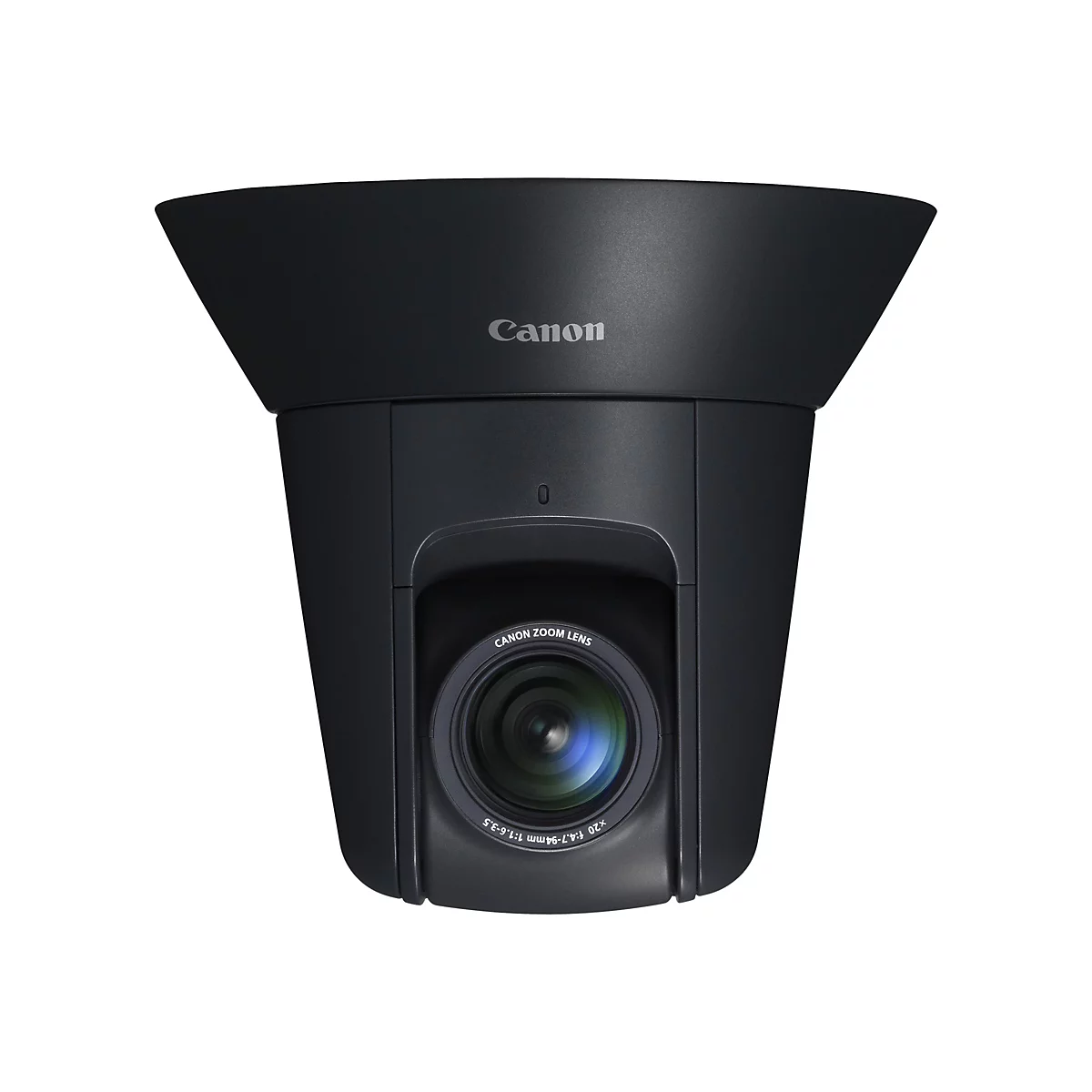 Schwarze Canon Überwachungskamera mit Objektiv und Logo, vor weißem Hintergrund.