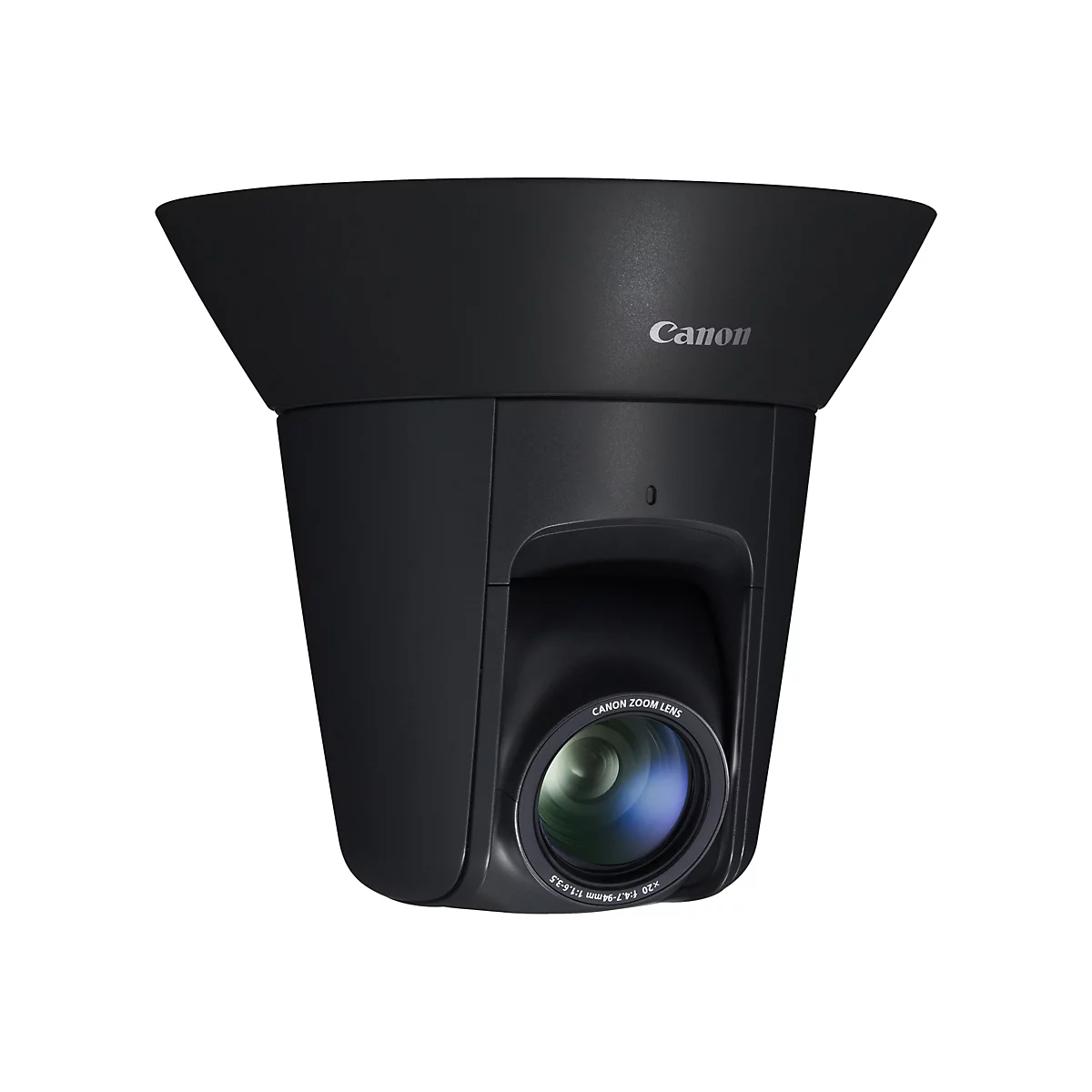 Schwarze Überwachungskamera mit Canon-Logo und Zoom-Objektiv.