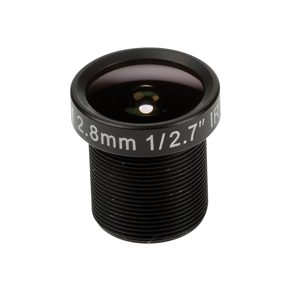 Nahaufnahme eines Objektivs mit schwarzem Gehäuse, einer Linse und weißer Beschriftung: 2,8 mm 1/2,7" IR.
