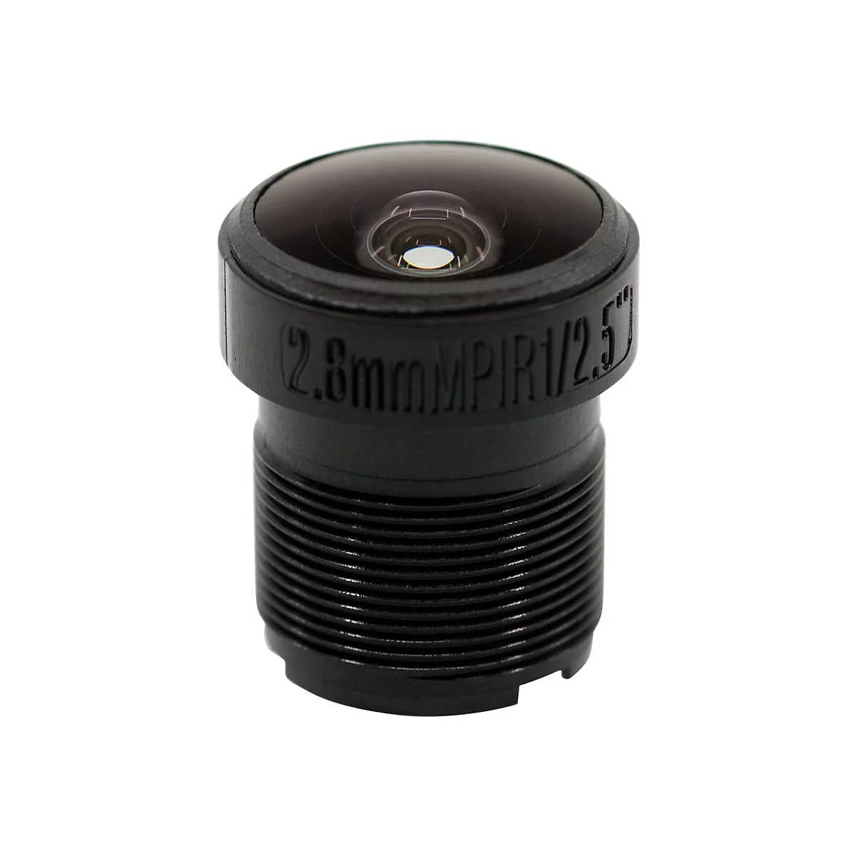Nahaufnahme einer schwarzen Kameraobjektivlinse mit Beschriftung: 2,8 mm MPIR 1/2,5".
