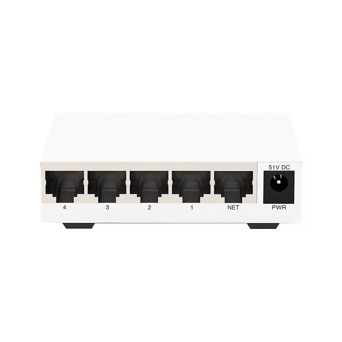 Ein weißer Netzwerk-Switch mit fünf Anschlüssen und einem Stromanschluss.