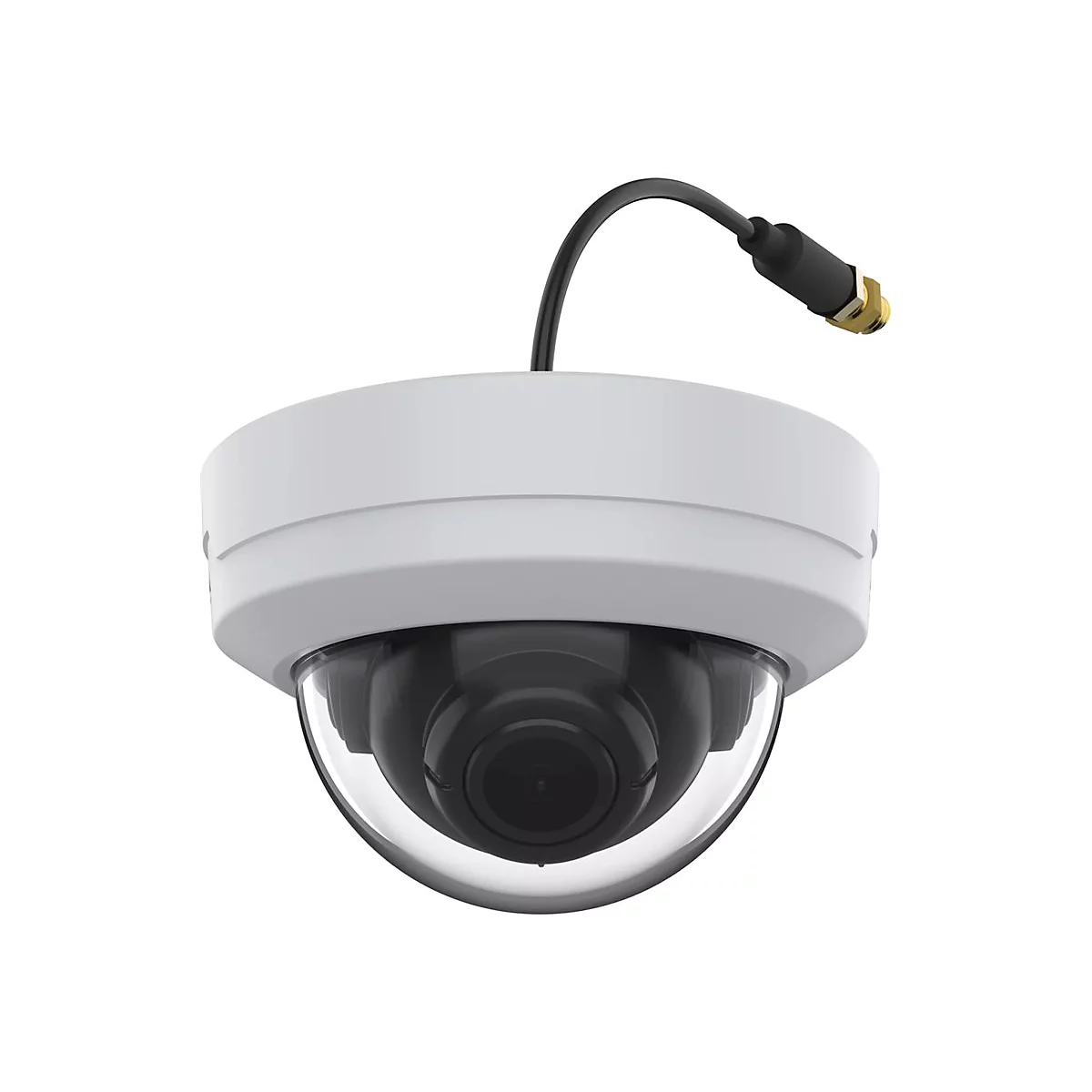 Eine Überwachungskamera mit Kuppeloptik, weißes Gehäuse, transparente Kuppel, schwarzes Objektiv, mit Antennenanschluss.