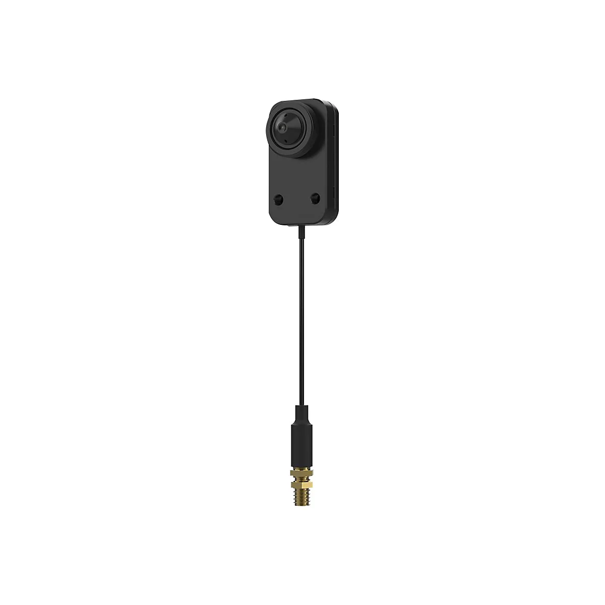 Kleine schwarze Kamera mit Objektiv, schwarzem Kabel und goldenem Stecker, vor weißem Hintergrund.