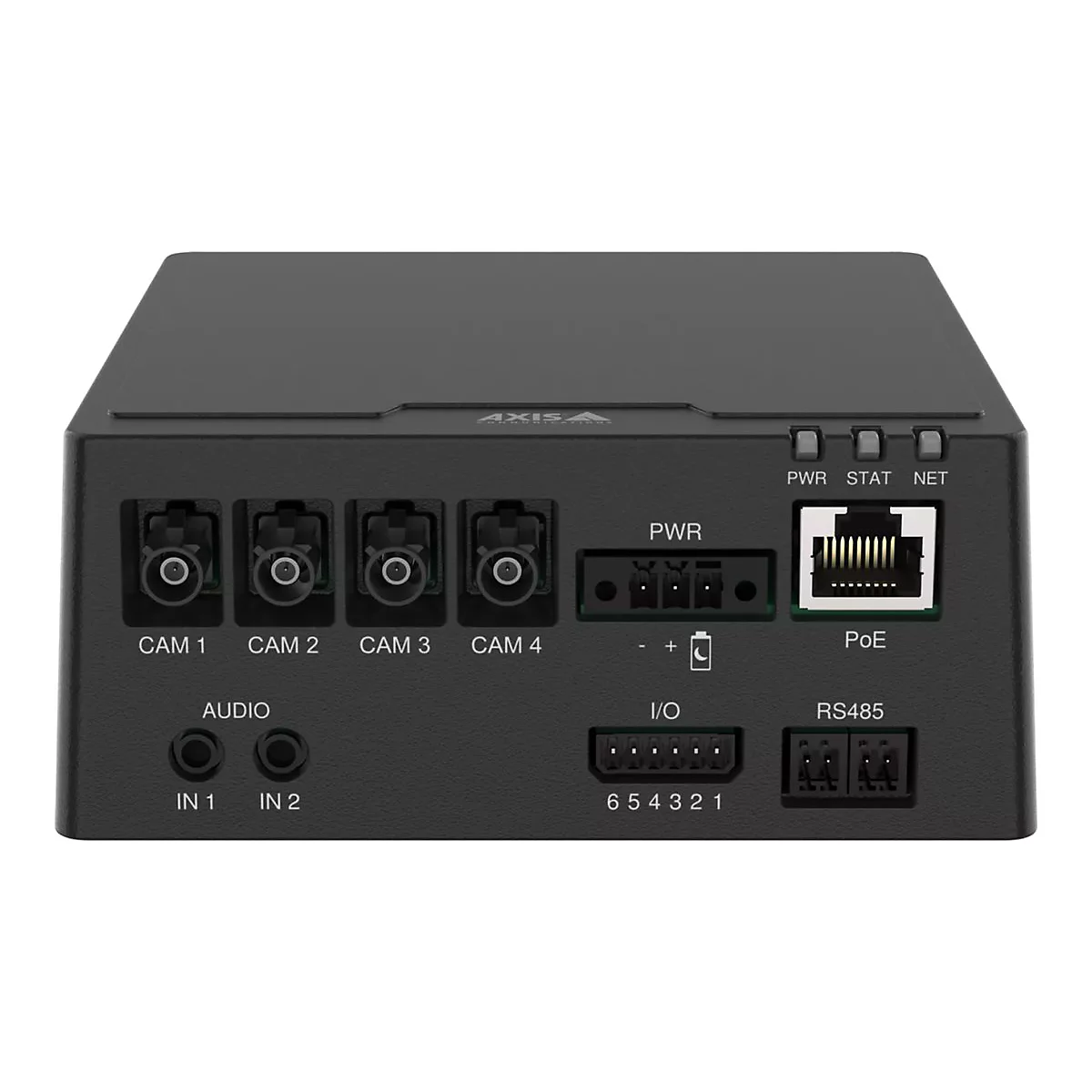 Schwarzes elektronisches Gerät mit Anschlüssen für Kameras, Strom und Netzwerk. Beschriftung: CAM 1-4, PWR, PoE, I/O, RS485.
