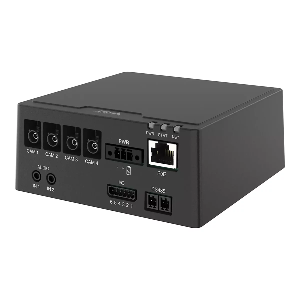 Schwarzer Netzwerk-Switch mit Anschlüssen für Kameras, Audio und Netzwerk. Beschriftungen: CAM 1-4, Audio In, PWR, PoE, RS485.