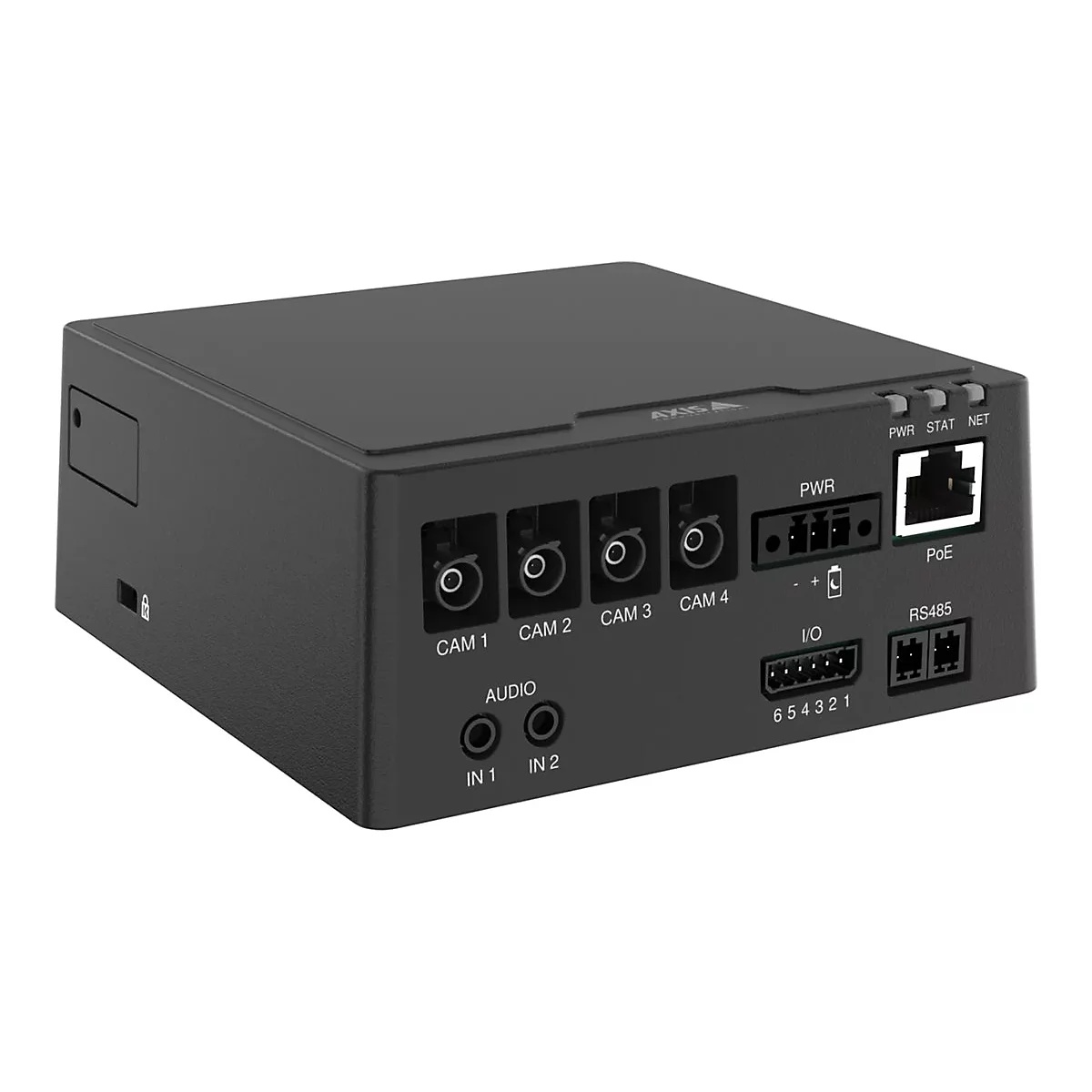 Schwarzes elektronisches Gerät mit Anschlüssen für Kameras, Audio, Strom und Netzwerk. Beschriftung: CAM 1-4, AUDIO IN 1+2, PoE, RS485.