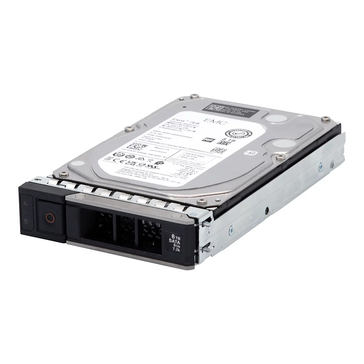 Festplatte mit 8 TB Kapazität; silbernes Gehäuse, schwarze Vorderseite mit Aufkleber.