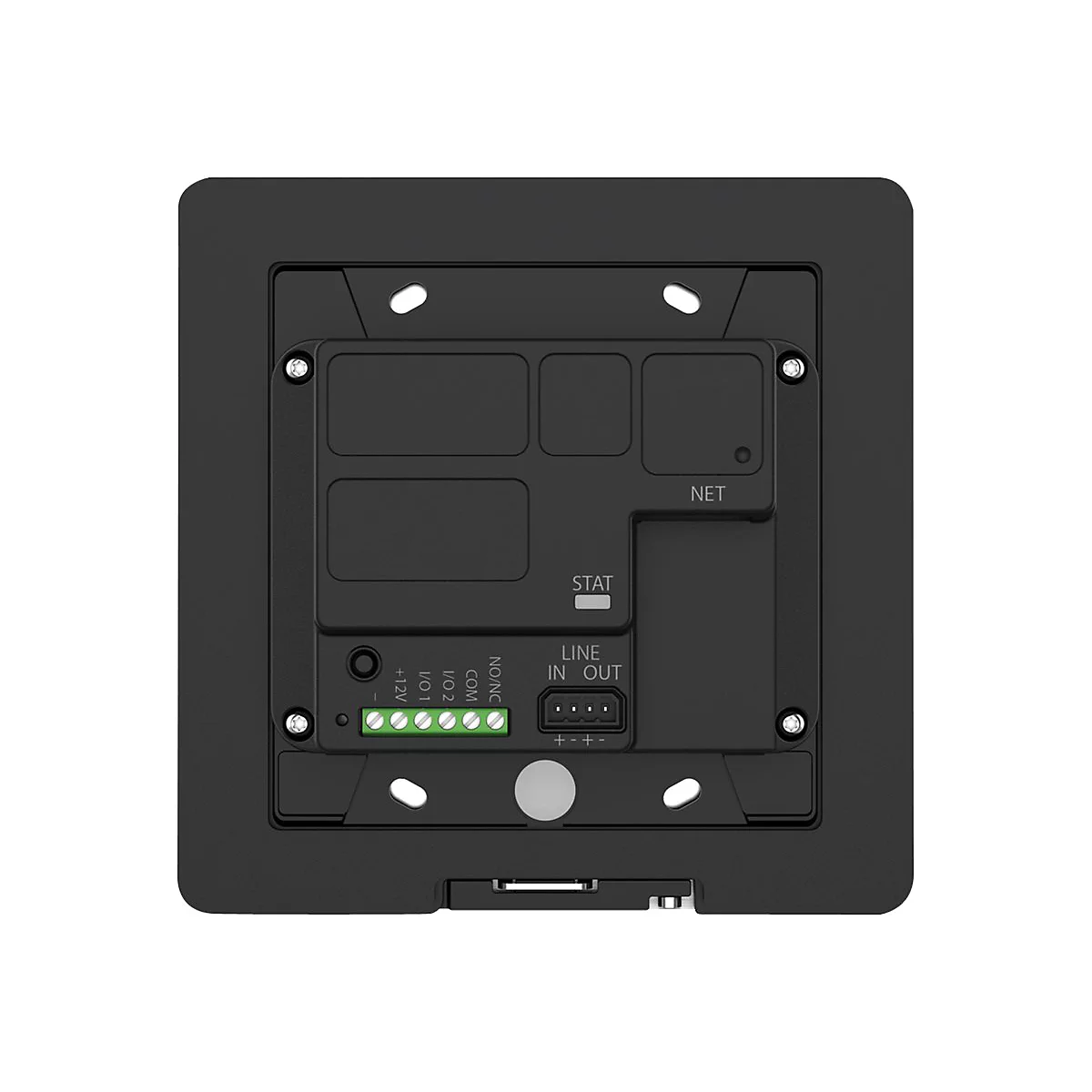 Schwarzes quadratisches Gerät mit Anschlussleisten und Beschriftungen wie "NET", "LINE IN OUT" und Anschlüssen.