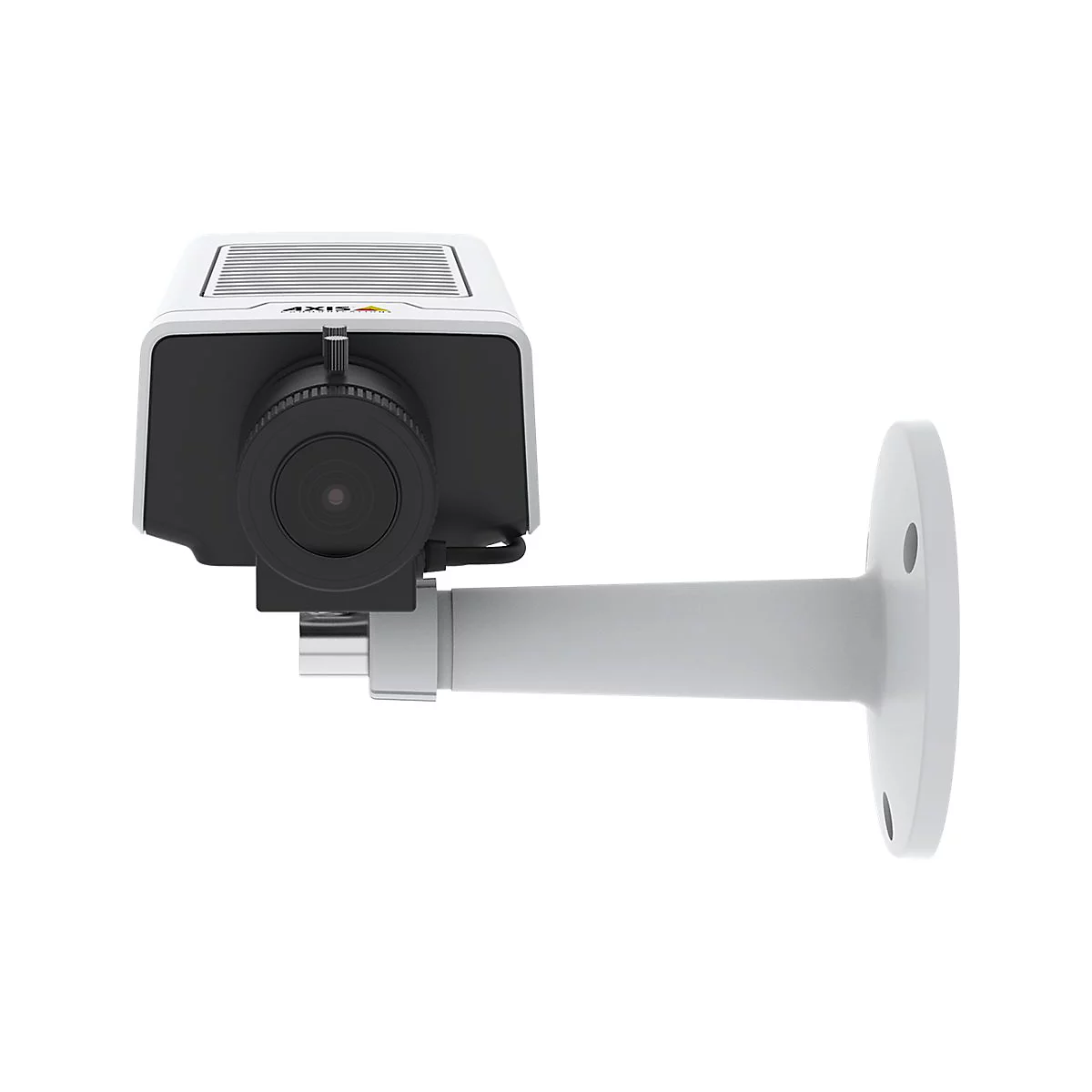 Eine weiße Überwachungskamera mit schwarzem Objektiv und Halterung, vor weißem Hintergrund.
