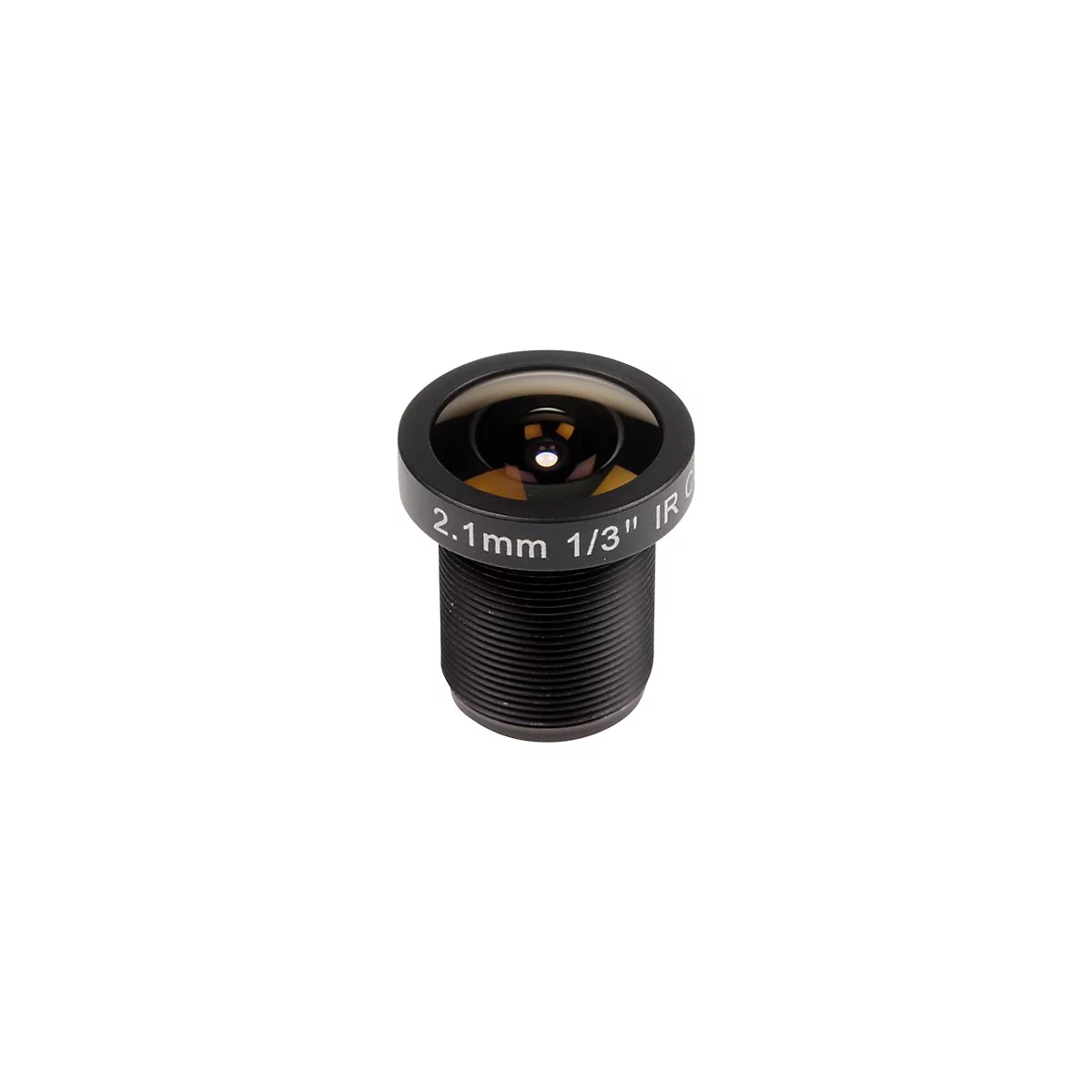 Nahaufnahme einer schwarzen Überwachungskamera-Objektivlinse. Auf der Linse stehen die Angaben 2.1mm 1/3" IR.