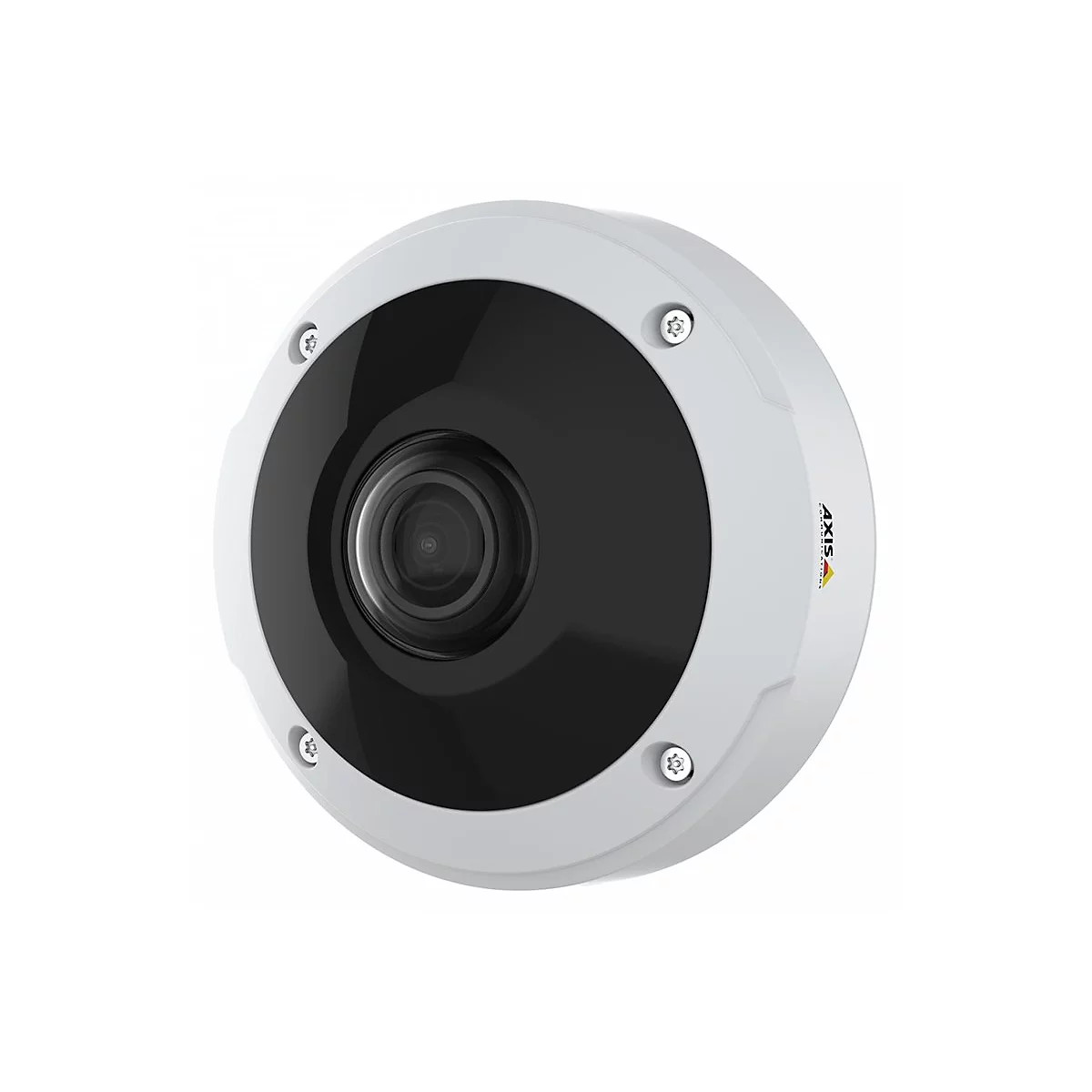 Nahaufnahme einer weißen Überwachungskamera mit schwarzem Objektiv. Seitlich Logo: AXIS.
