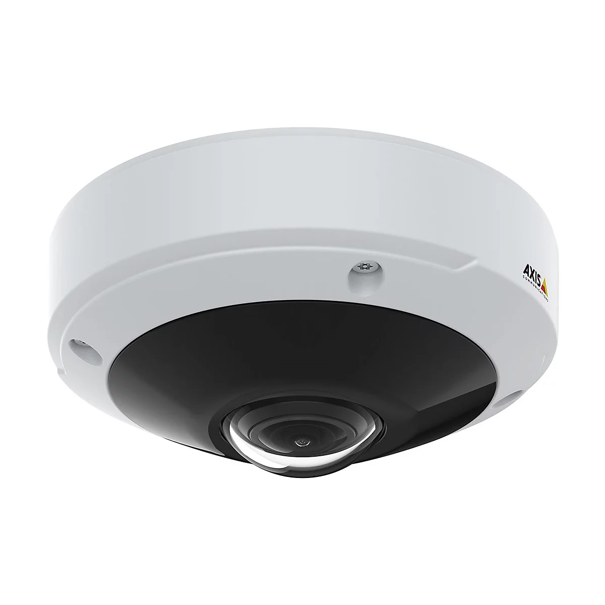 Eine weiße, runde Überwachungskamera, die nach unten zeigt. Schwarze Kuppel mit Objektiv. Der Markenname steht rechts.