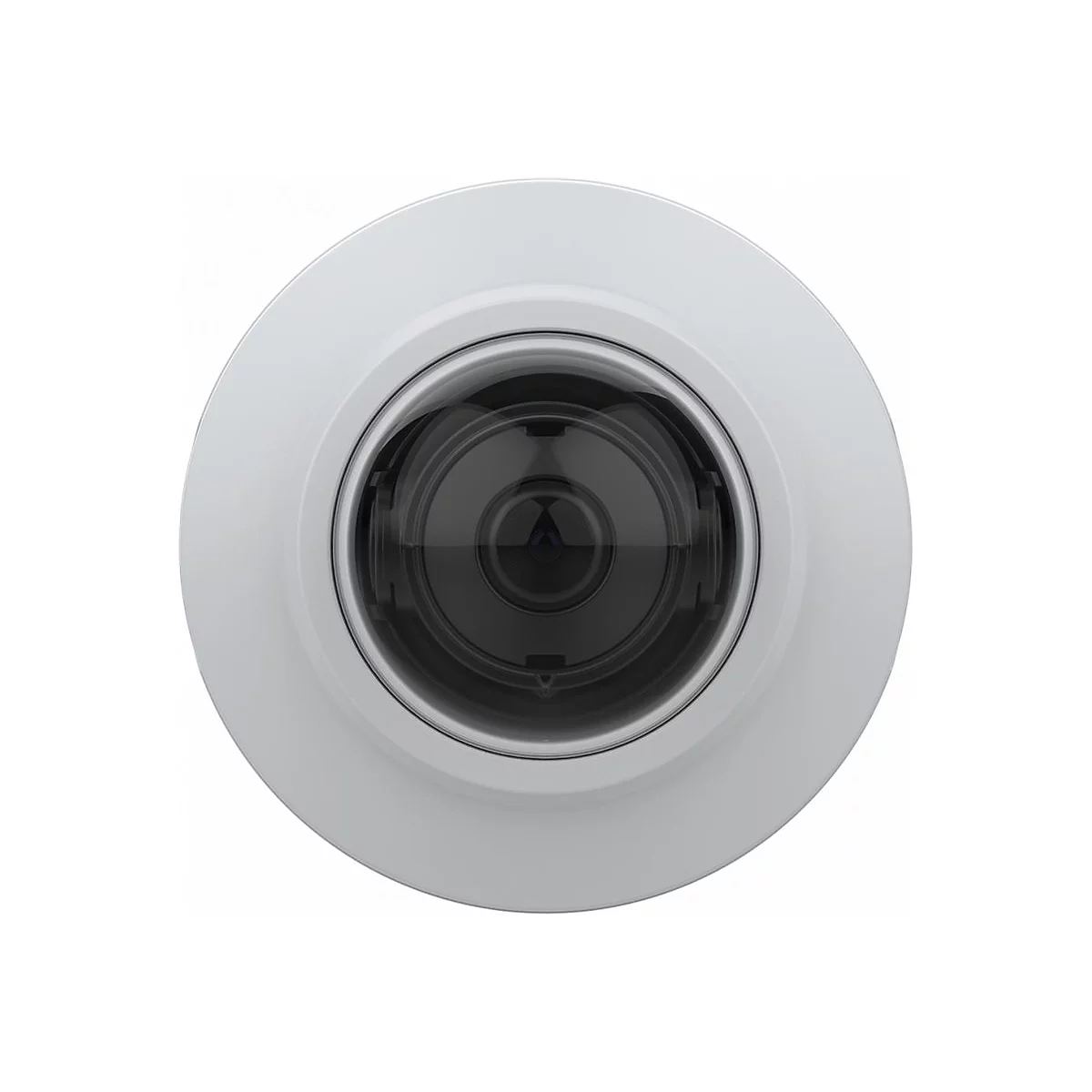 Nahaufnahme einer weißen Überwachungskamera mit schwarzer Linse. Die Kamera ist kreisförmig.