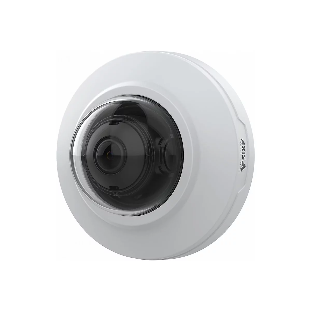 Eine runde, weiße Überwachungskamera mit schwarzem Objektiv, das Logo "AXIS" ist sichtbar.