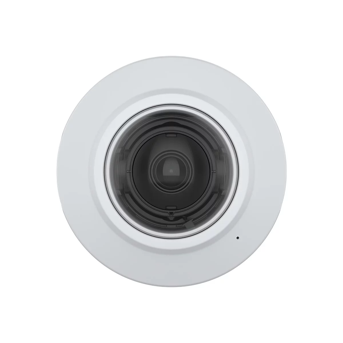 Nahaufnahme einer weißen Überwachungskamera. Die Linse ist dunkel, der Rand weiß.