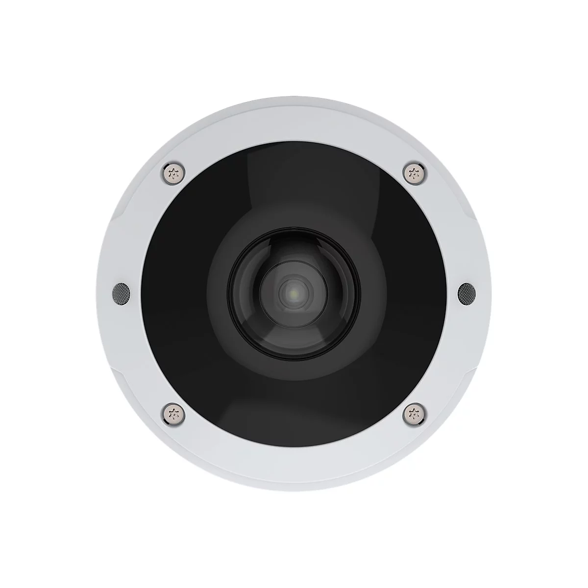 Nahaufnahme einer weißen Überwachungskamera mit schwarzem Objektiv. Mikrofone und Befestigungsschrauben sind zu sehen.