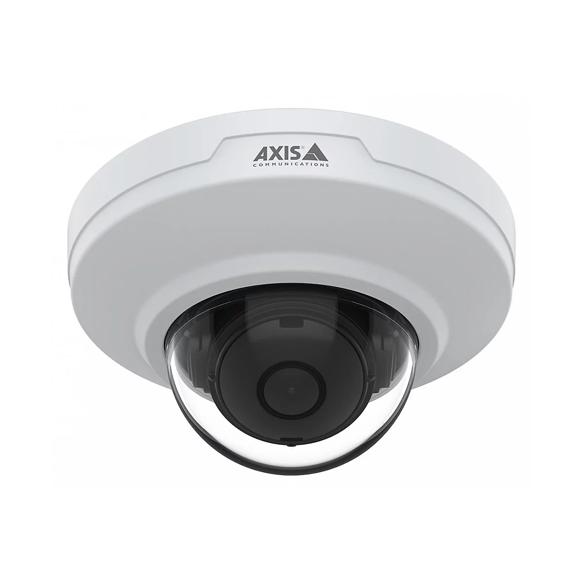 Eine weiße AXIS Überwachungskamera, mit Kuppel. Das Logo und die Aufschrift 'AXIS COMMUNICATIONS' sind sichtbar.
