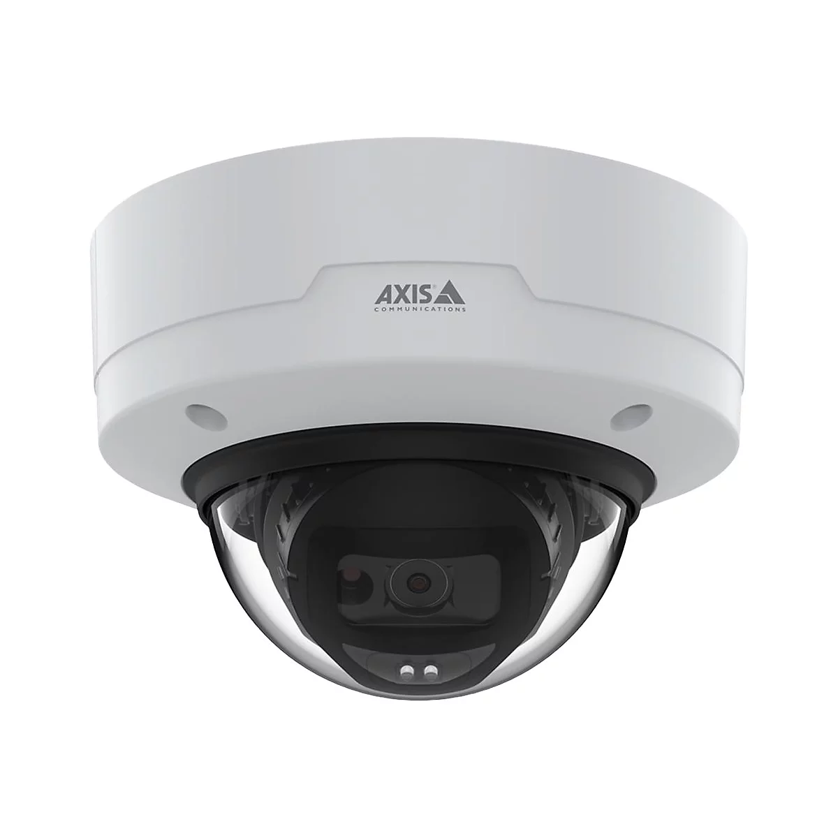Eine weiße Überwachungskamera mit schwarzer Kuppel und AXIS-Logo.