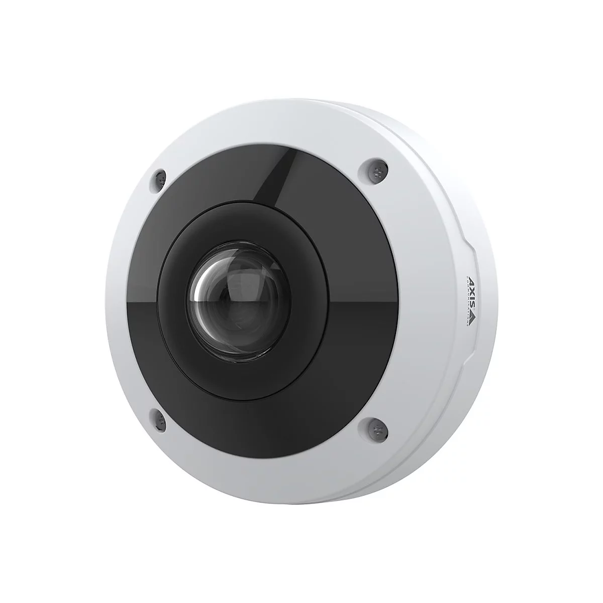 Nahaufnahme einer weißen Überwachungskamera mit schwarzem Objektiv, das Logo von Axis ist zu sehen.