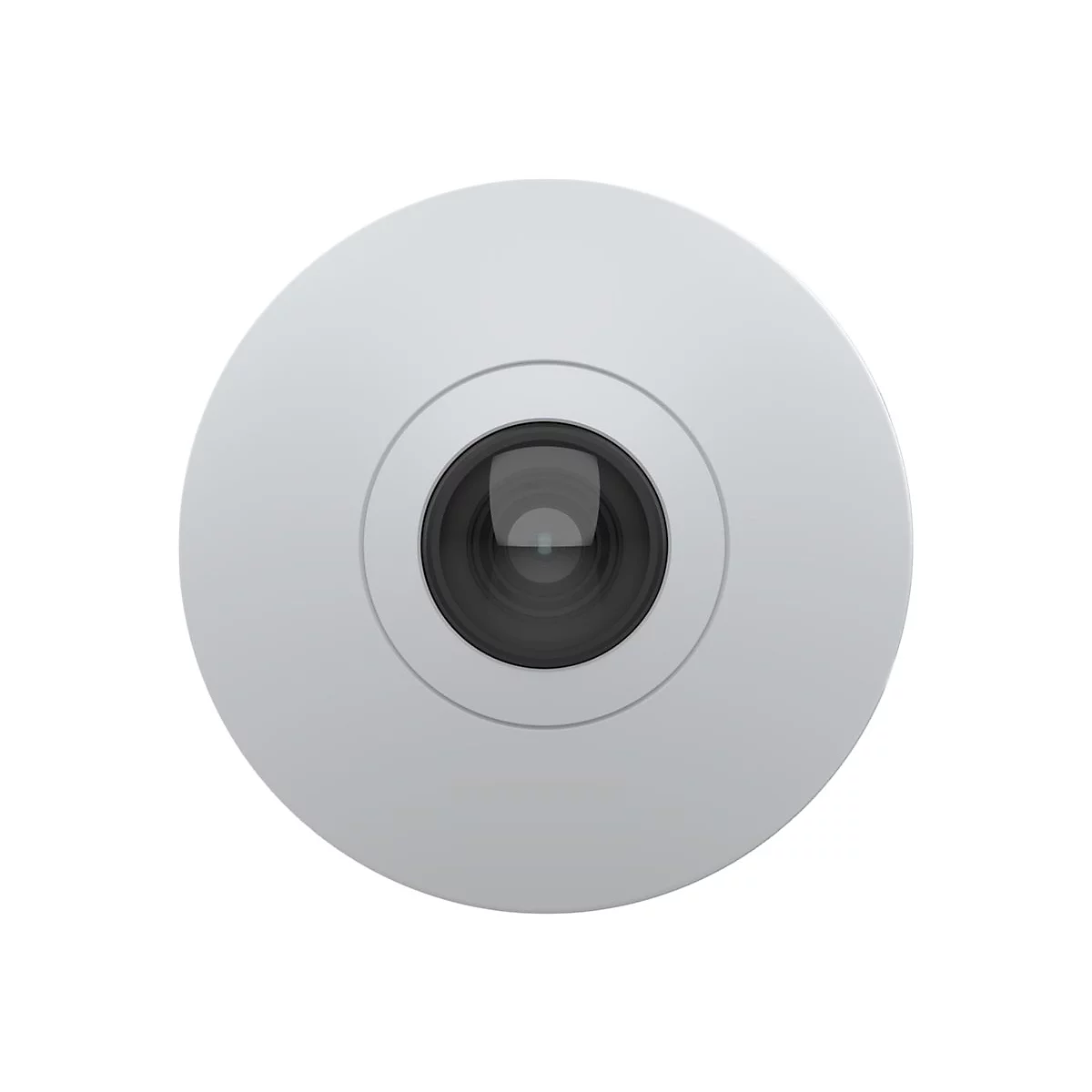 Nahaufnahme einer runden, grauen Kamera mit einem schwarzen Linsenmittelpunkt, vor weißem Hintergrund.